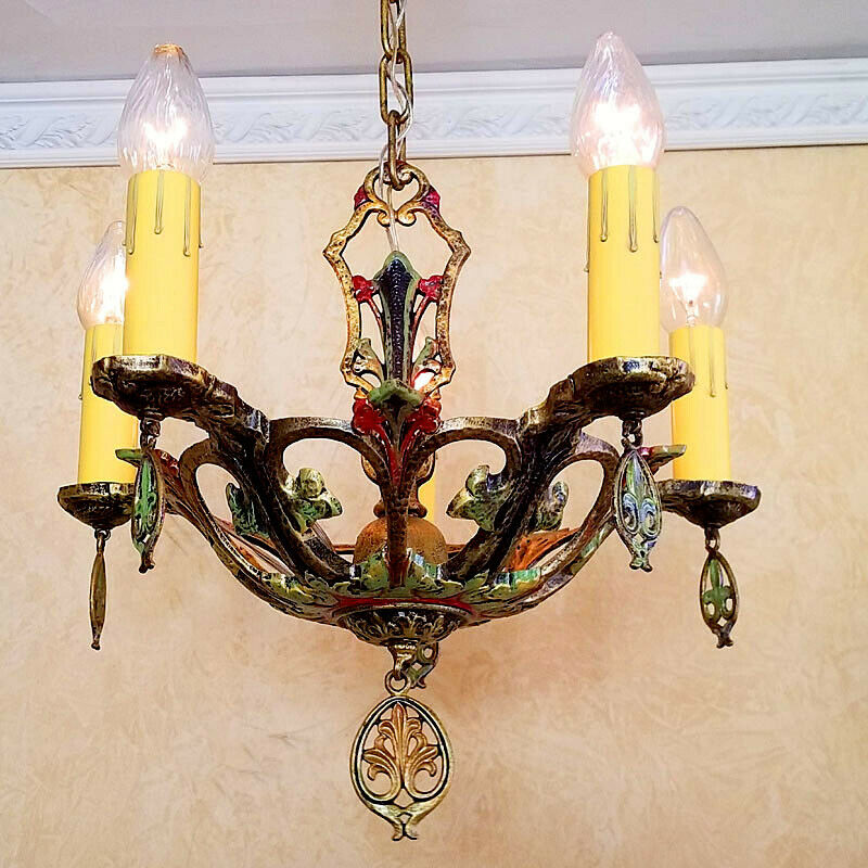 581b Vintage 30's Antique Ceiling Light lamp  art nouveau polychrome chandelier