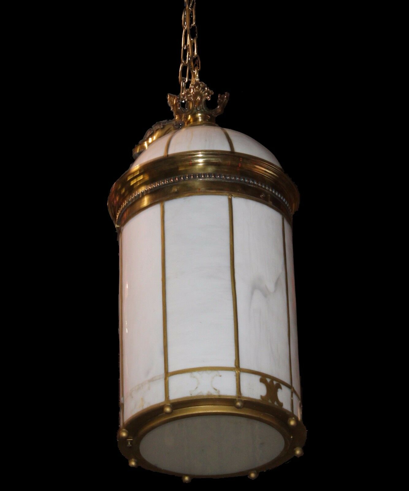 Large Antique Art Deco Brass and Glass Hall Lantern Pendant Light