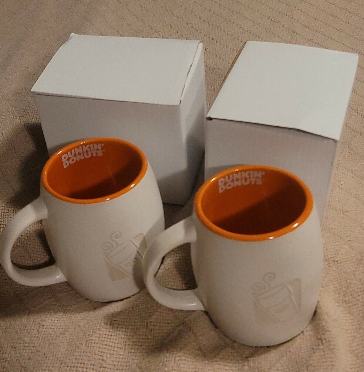 Set of 2 - Dunkin Donuts Coffee Mugs. 14 Oz Orange and White Logo Inside 2012
